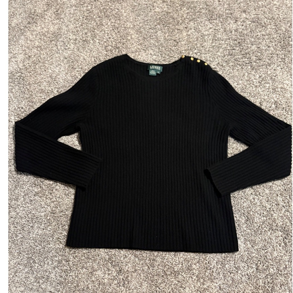 Lauren Ralph Lauren Black 100% Lambswool Ribbed Sweater Gold Buttons L-XL